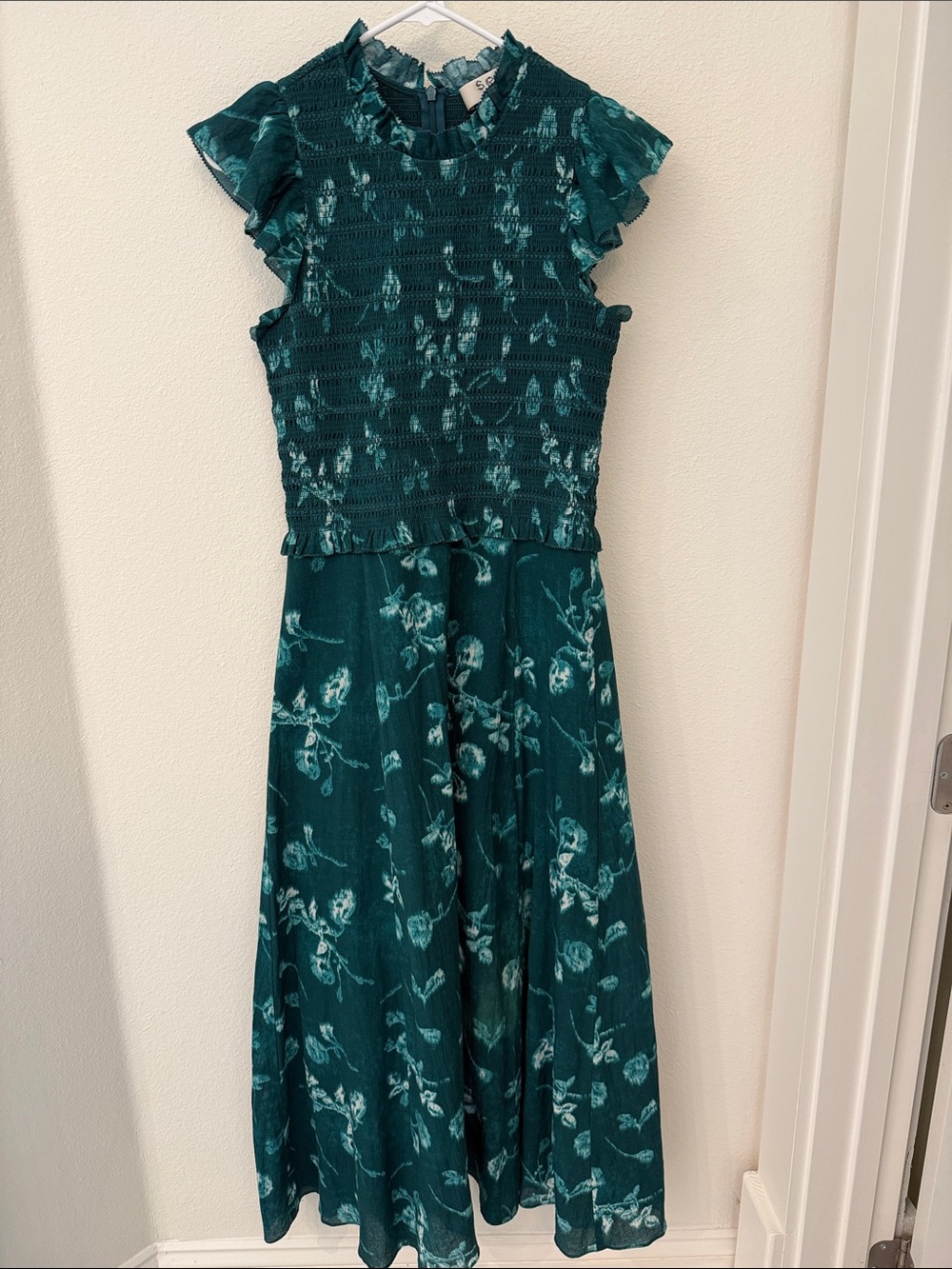 Teal Floral Smocked Midi Dress